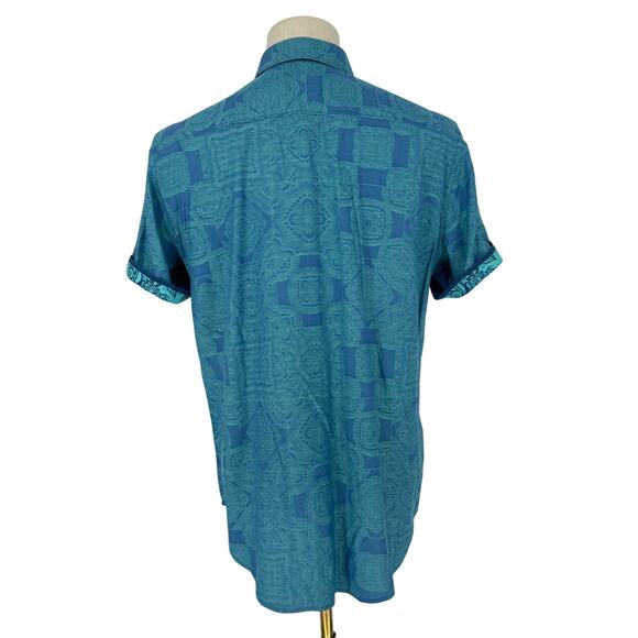 Robert Graham Woven Button Front Short Sleeve Shirt Teal Paisley Jacquard M - Picture 2 of 8